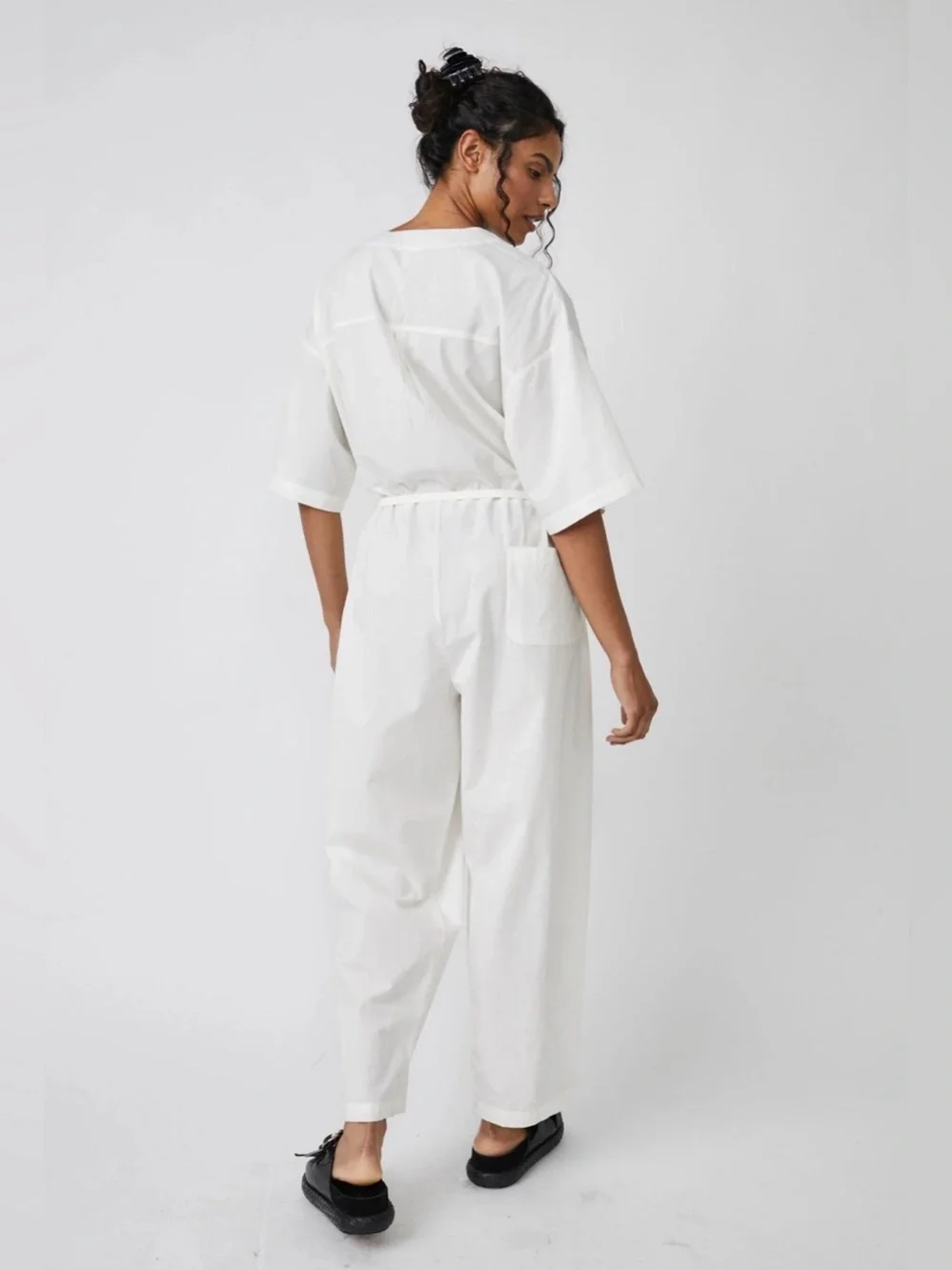 Free People White Cotton V-Neck Short Sleeve Belted Jumpsuit Romper Womens S